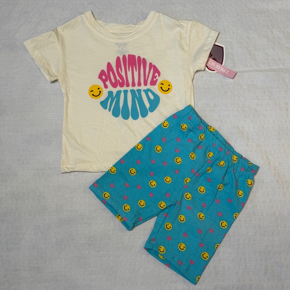 Positive Mind" Toddler 2pc T-Shirt & Short Set Happy Face Beige Blue size 3T NWT